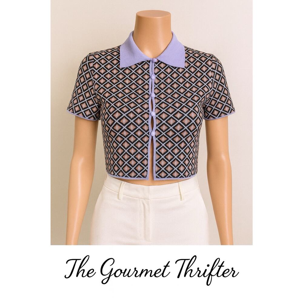 💜 Cider Retro Diamond Knit Crop Polo Button Up Top Sweater Size S✨